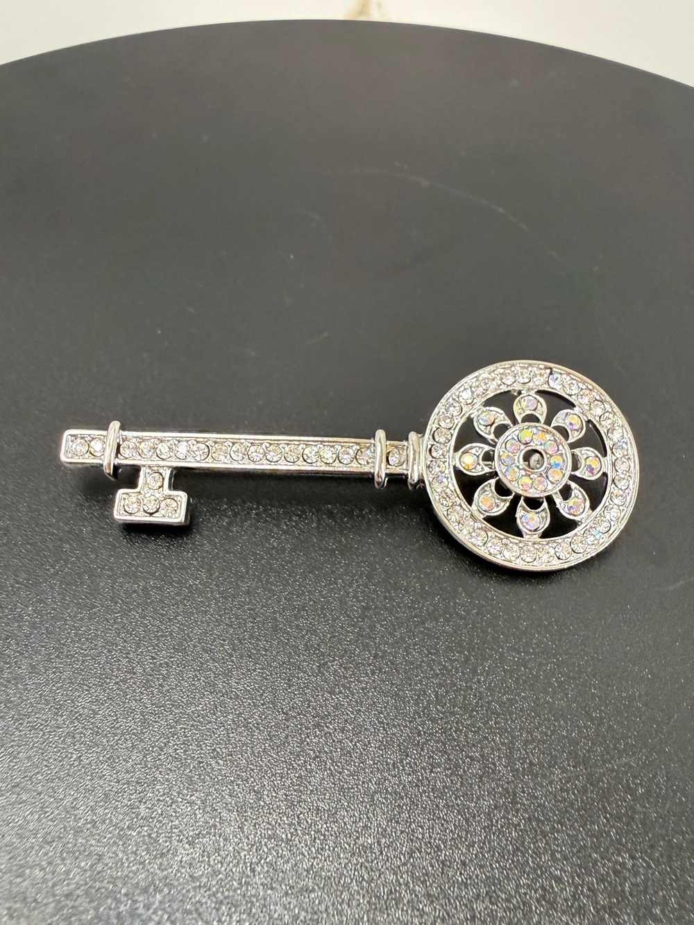 Silver Tone Crystal Key Brooch
